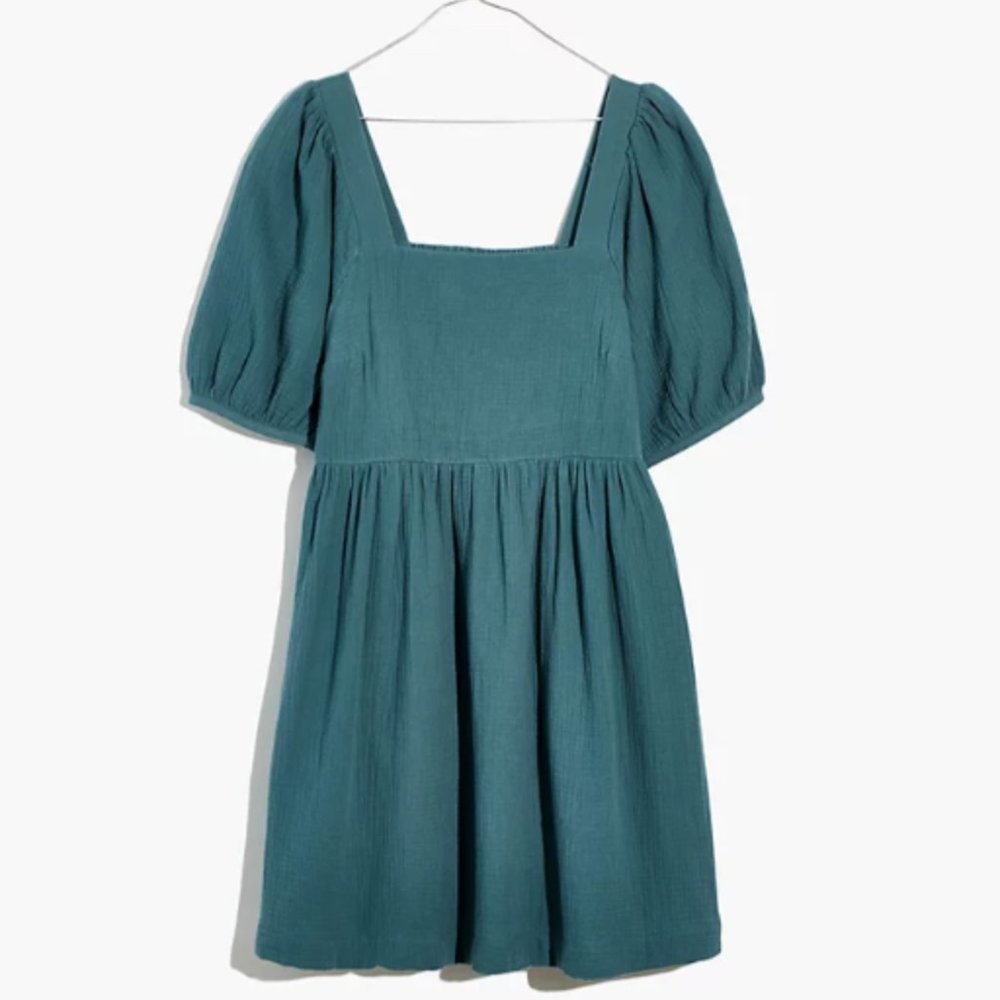 Madewell Lightspun Square-Neck Puff-Sleeve Dress in Faded Shale
